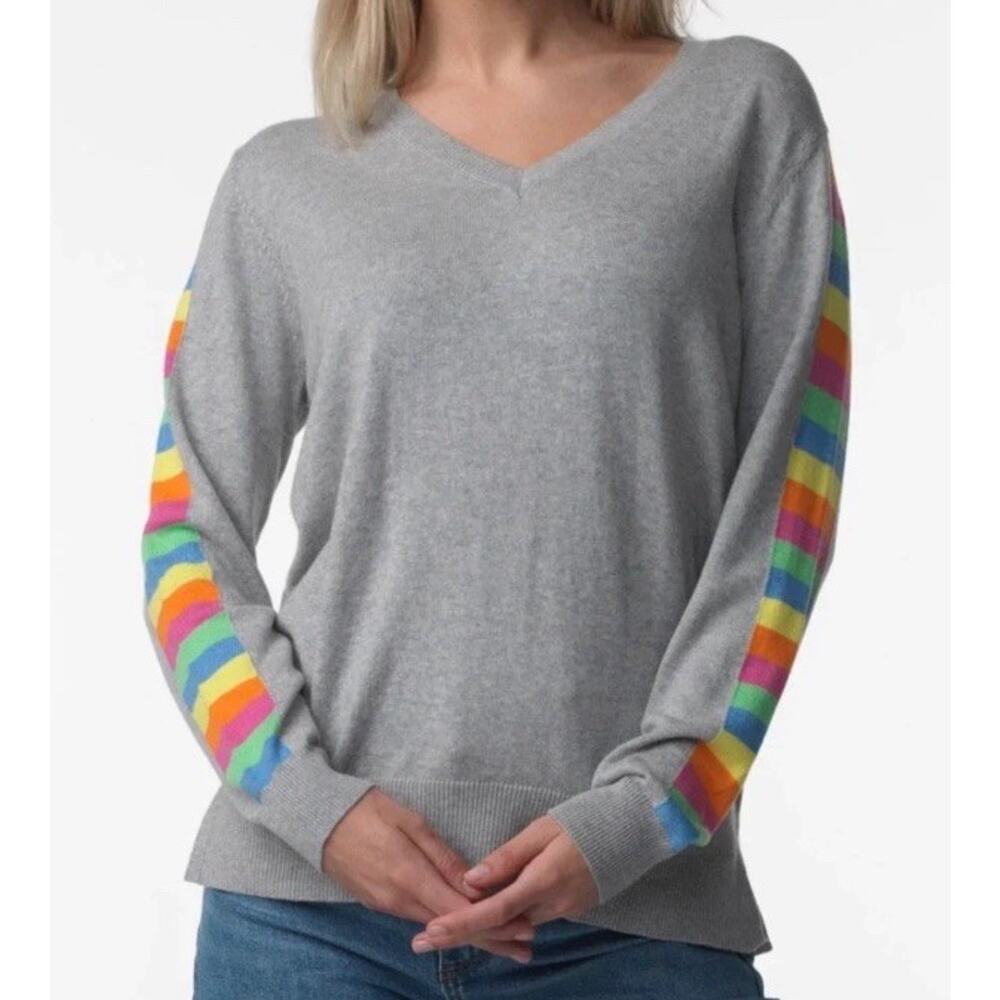 Zaket & Plover Cotton Cashmere Blend Rainbow Ladder Sleeve V-Neck Sweater Sz L